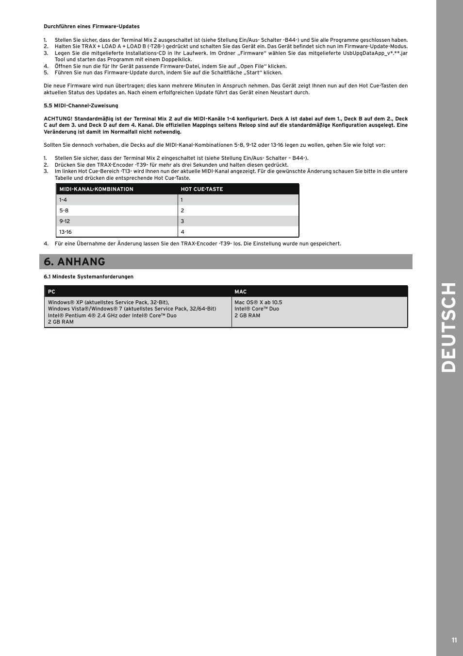 5 midi-channel-zuweisung, Anhang, 1 mindeste systemanforderungen | Midi-channel-zuweisung, Mindeste systemanforderungen, De ut s ch | Reloop TERMINAL MIX 2 - Instruction Manual User Manual | Page 11 / 60