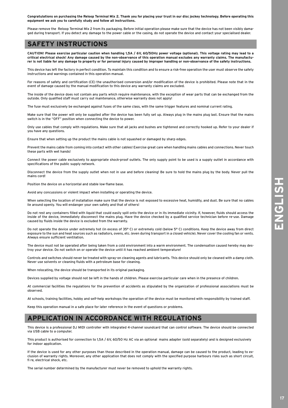 Safety instructions, Application in accordance with regulations, English | Reloop TERMINAL MIX 2 - Instruction Manual User Manual | Page 17 / 60