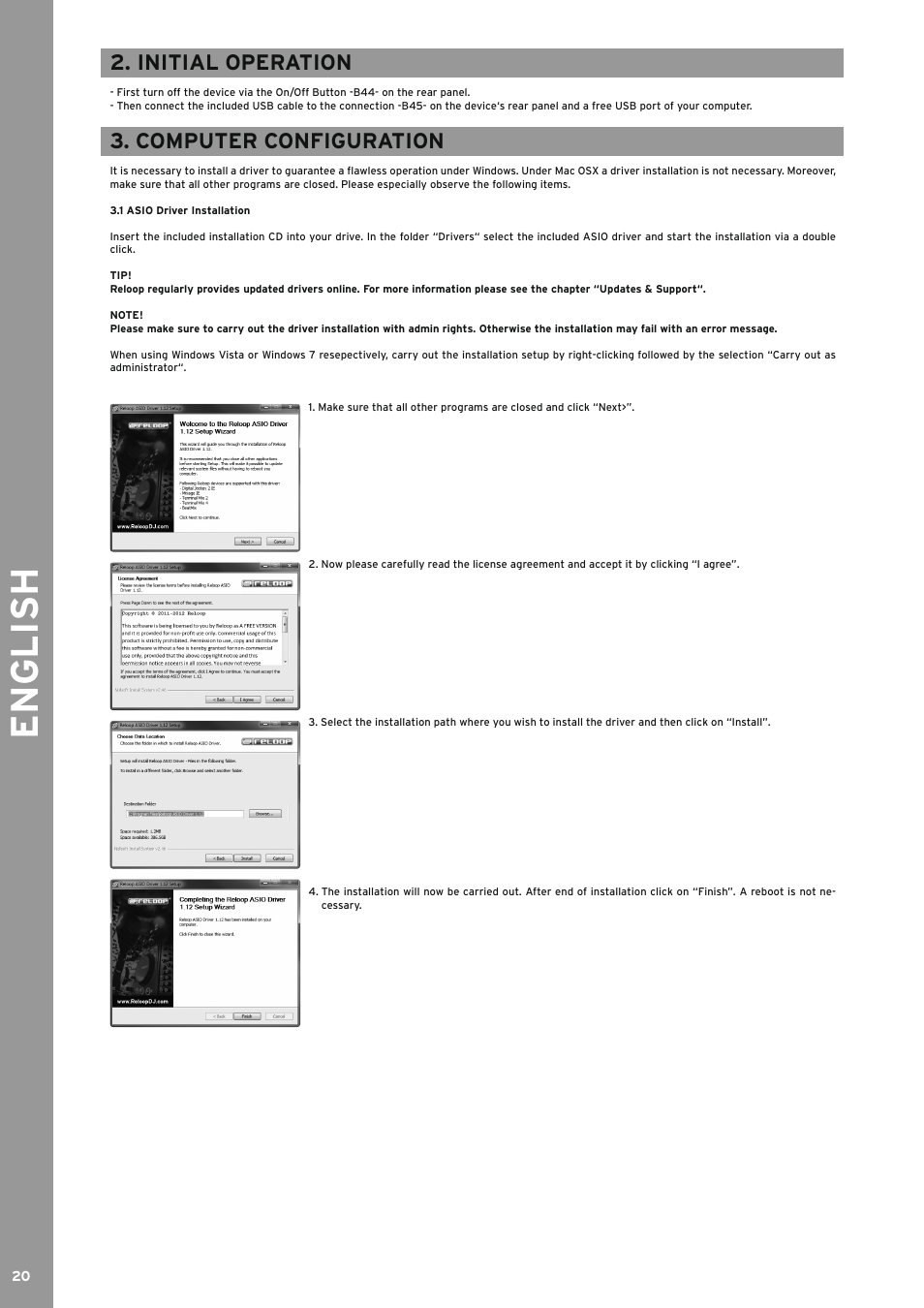 Initial operation, Computer configuration, 1 asio driver installation | Asio driver installation, English | Reloop TERMINAL MIX 2 - Instruction Manual User Manual | Page 20 / 60