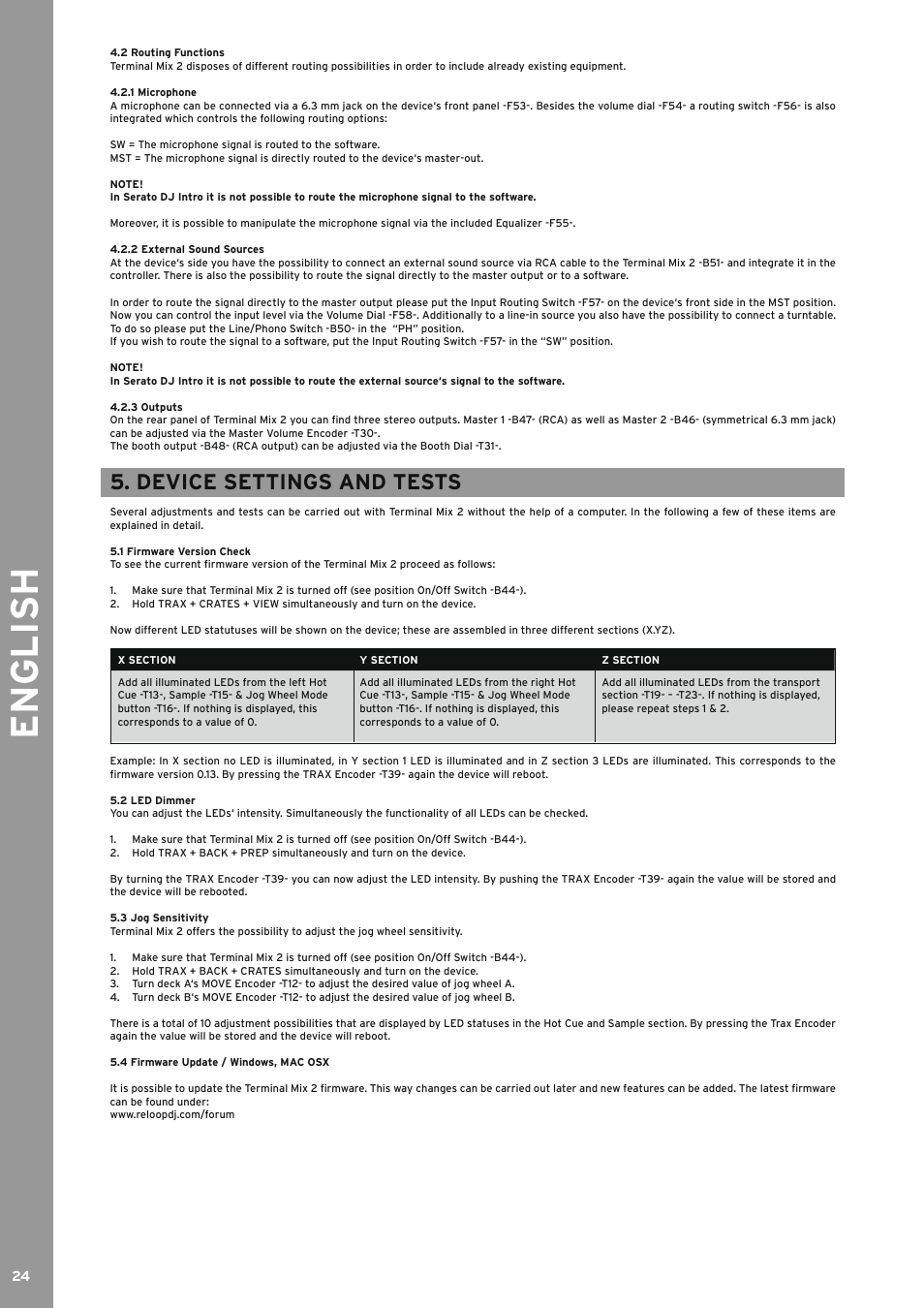 2 routing functions, 1 microphone, 2 external sound sources | 3 outputs, Device settings and tests, 1 firmware version check, 2 led dimmer, 3 jog sensitivity, 4 firmware update / windows, mac osx, Routing functions | Reloop TERMINAL MIX 2 - Instruction Manual User Manual | Page 24 / 60