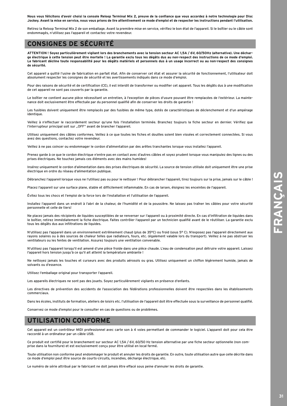 Consignes de sécurité, Utilisation conforme, Fr an ç ais | Reloop TERMINAL MIX 2 - Instruction Manual User Manual | Page 31 / 60
