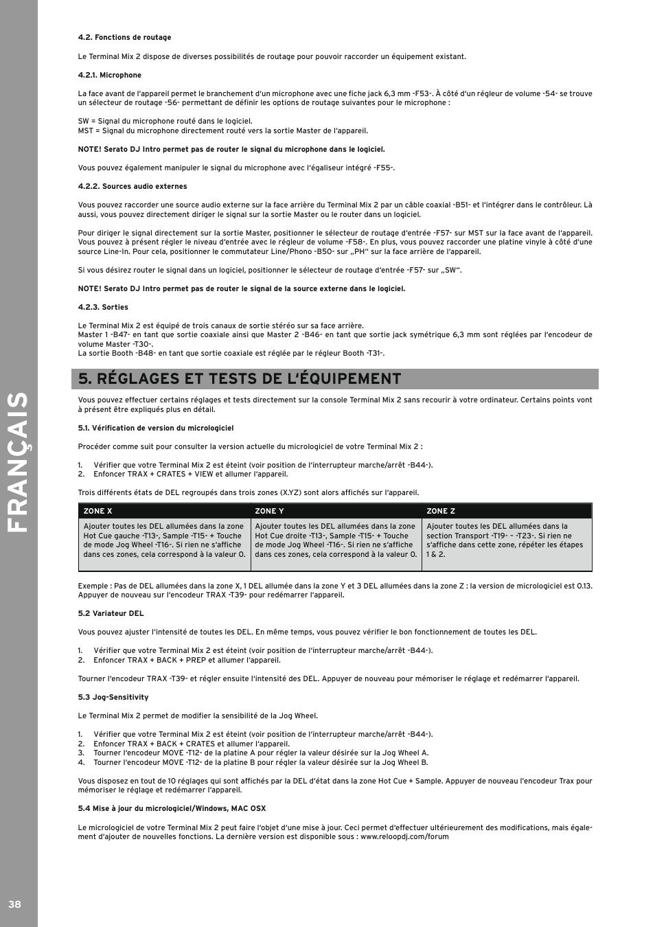 Fonctions de routage, Microphone, Sources audio externes | Sorties, Réglages et tests de l‘équipement, Vérification de version du micrologiciel, 2 variateur del, 3 jog-sensitivity, 4 mise à jour du micrologiciel/windows, mac osx, Variateur del | Reloop TERMINAL MIX 2 - Instruction Manual User Manual | Page 38 / 60