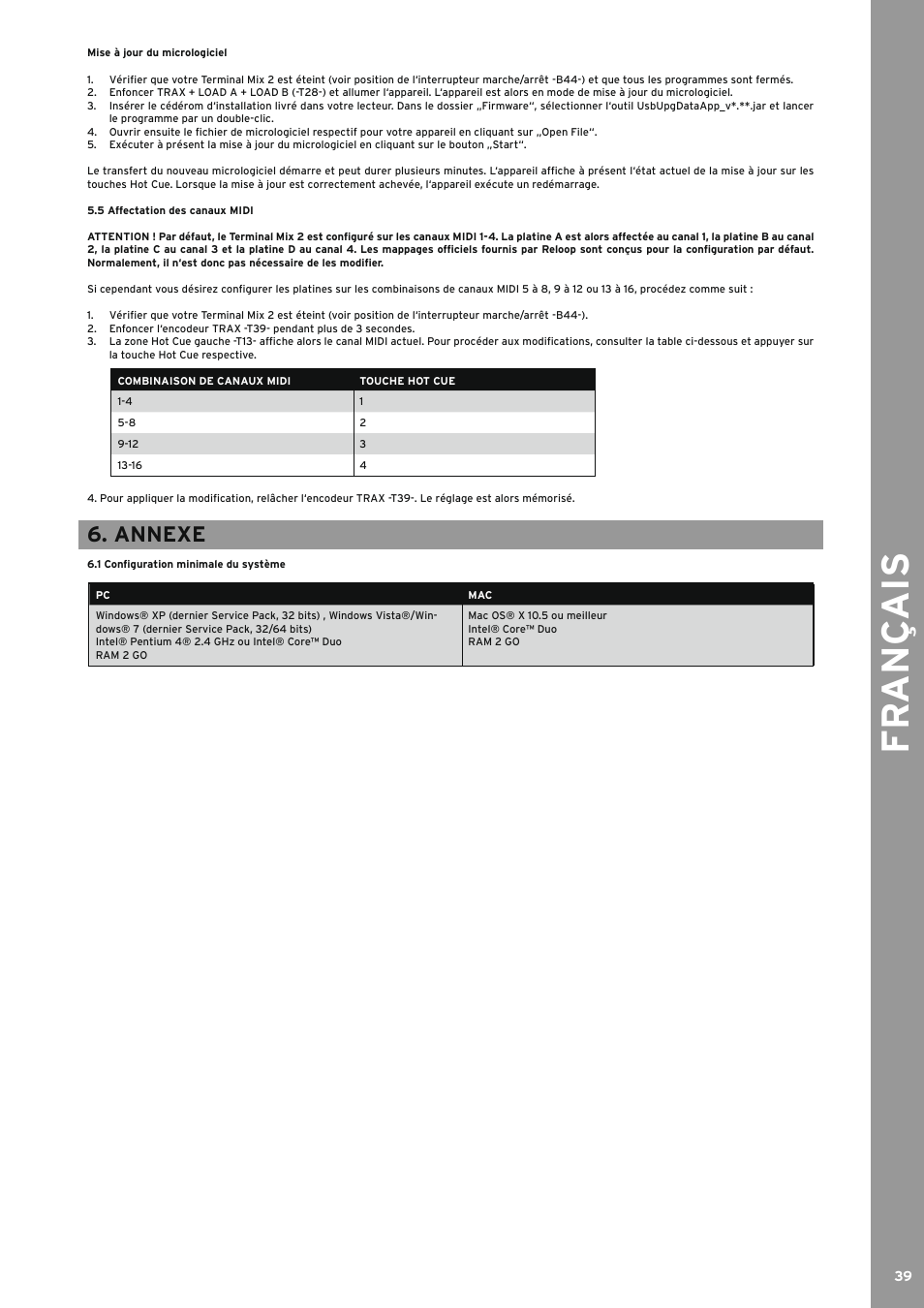 5 affectation des canaux midi, Annexe, 1 configuration minimale du système | Affectation des canaux midi, Configuration minimale du système, Fr an ç ais | Reloop TERMINAL MIX 2 - Instruction Manual User Manual | Page 39 / 60