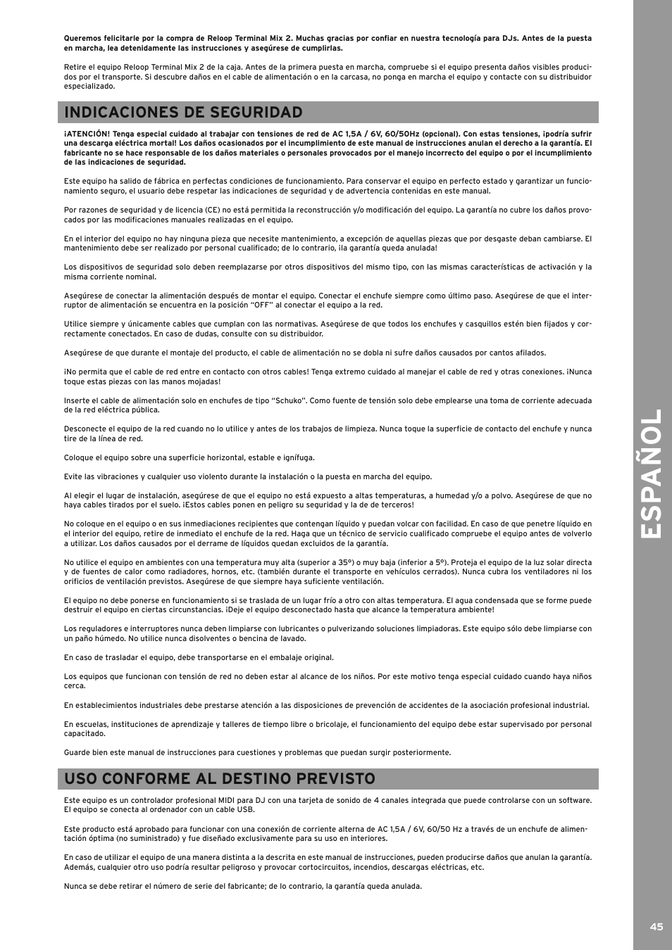 Indicaciones de seguridad, Uso conforme al destino previsto, Esp añol | Reloop TERMINAL MIX 2 - Instruction Manual User Manual | Page 45 / 60