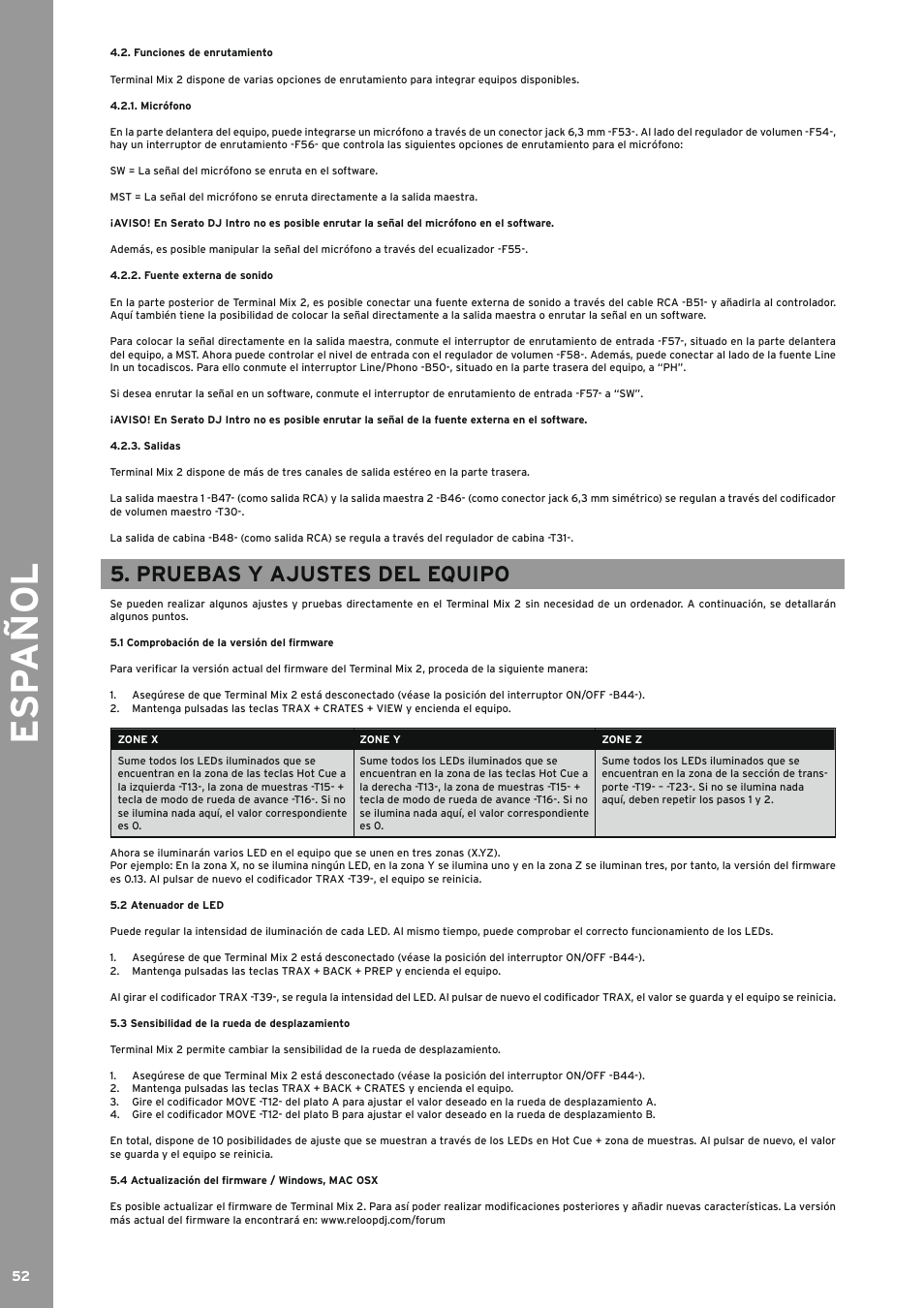 Funciones de enrutamiento, Micrófono, Fuente externa de sonido | Salidas, Pruebas y ajustes del equipo, 1 comprobación de la versión del firmware, 2 atenuador de led, 3 sensibilidad de la rueda de desplazamiento, 4 actualización del firmware / windows, mac osx, Comprobación de la versión del firmware | Reloop TERMINAL MIX 2 - Instruction Manual User Manual | Page 52 / 60