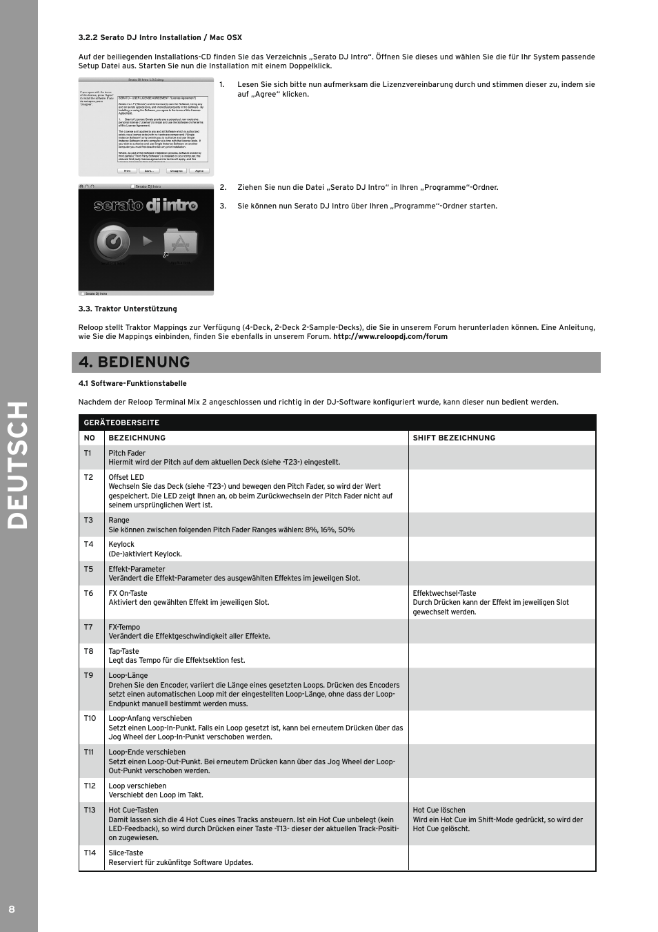 Traktor unterstützung, Bedienung, 1 software-funktionstabelle | Software-funktionstabelle, De ut s ch | Reloop TERMINAL MIX 2 - Instruction Manual User Manual | Page 8 / 60