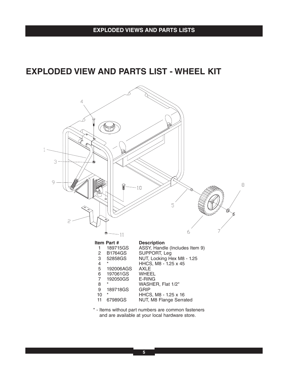 Exploded view and parts list - wheel kit | Briggs & Stratton 030325 User Manual | Page 5 / 5
