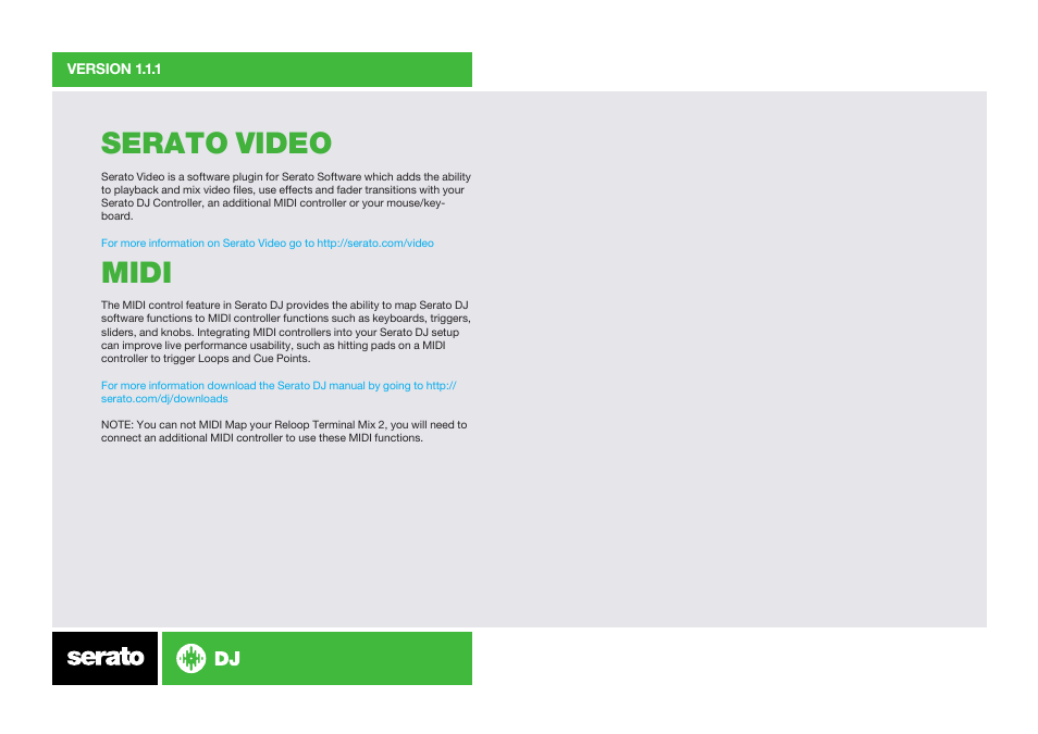 Serato video, Midi | Reloop TERMINAL MIX 2 SERATO DJ BUNDLE - Serato Quick Start Guides User Manual | Page 5 / 9