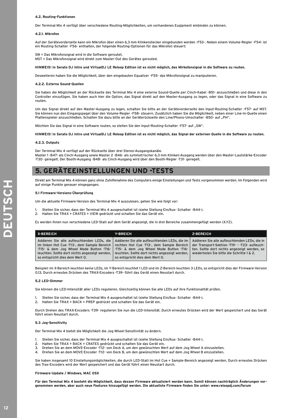 Routing-funktionen, Mikrofon, Externe sound-quellen | Outputs, Geräteeinstellungen und -tests, 1 firmware-versions-überprüfung, 2 led-dimmer, 3 jog-sensitivity, Firmware-versions-überprüfung, Led-dimmer | Reloop TERMINAL MIX 4 - Instruction Manual User Manual | Page 12 / 68