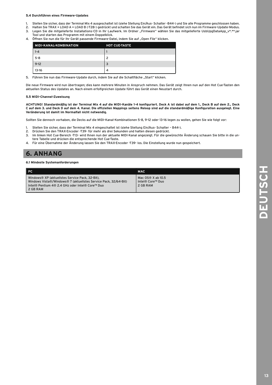 4 durchführen eines firmware-updates, 5 midi-channel-zuweisung, Anhang | 1 mindeste systemanforderungen, Durchführen eines firmware-updates, Midi-channel-zuweisung, Mindeste systemanforderungen, De ut s ch | Reloop TERMINAL MIX 4 - Instruction Manual User Manual | Page 13 / 68