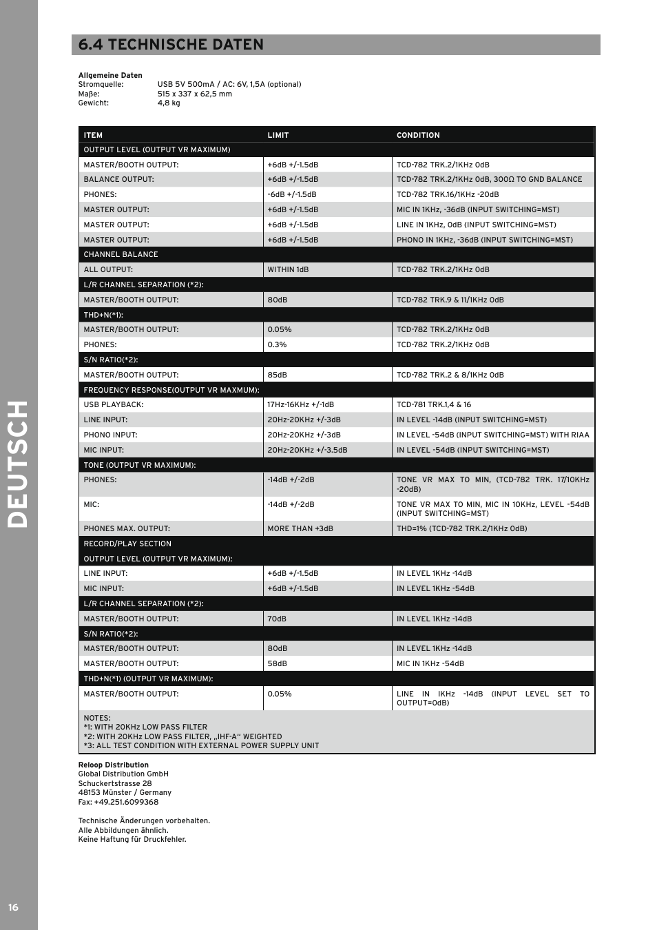 4 technische daten, Technische daten, De ut s ch | Reloop TERMINAL MIX 4 - Instruction Manual User Manual | Page 16 / 68