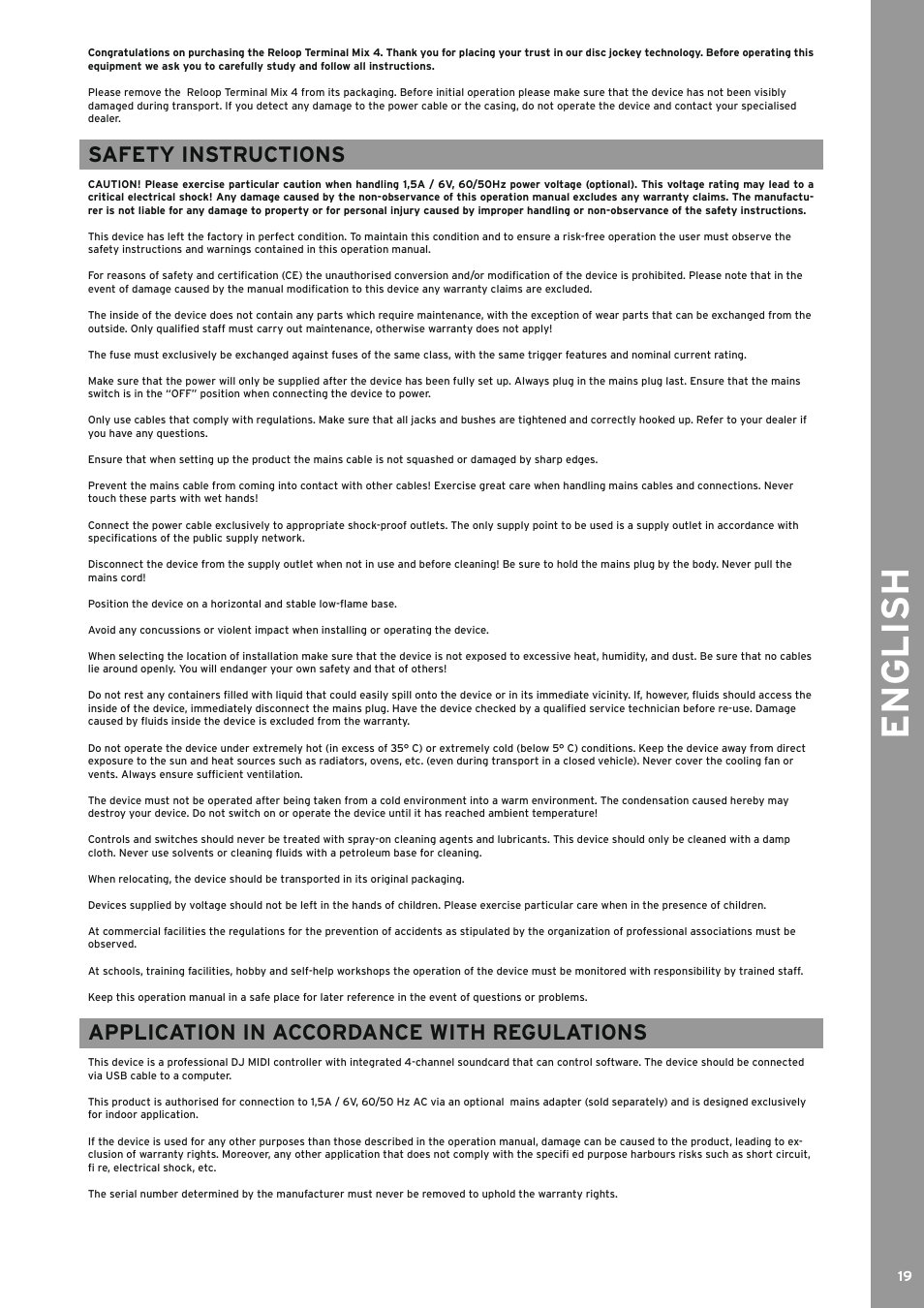 English, Application in accordance with regulations, Safety instructions | Reloop TERMINAL MIX 4 - Instruction Manual User Manual | Page 19 / 68