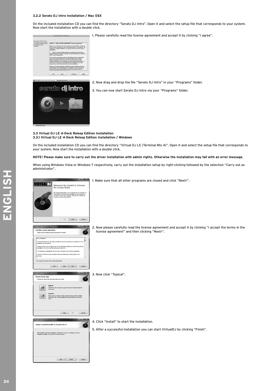 2 serato dj intro installation / mac osx, 3 virtual dj le 4-deck reloop edition installation, 2 serato dj intro installation / mac osx 3.3 | Virtual dj le 4-deck reloop edition installation, English | Reloop TERMINAL MIX 4 - Instruction Manual User Manual | Page 24 / 68