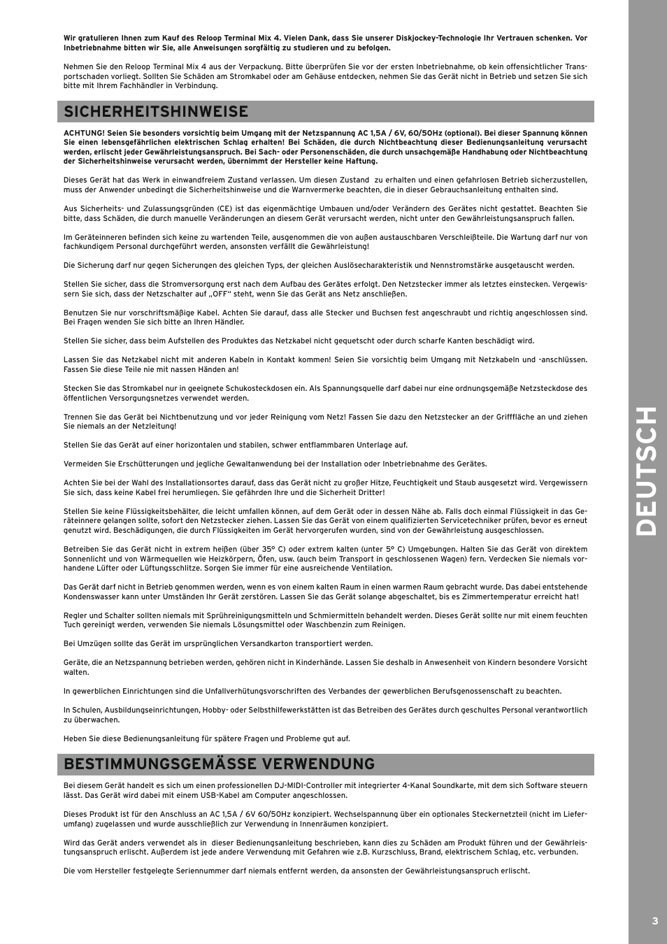 Deutsch, Bestimmungsgemäße verwendung, Bestimmungsgemässe verwendung | De ut s ch, Sicherheitshinweise | Reloop TERMINAL MIX 4 - Instruction Manual User Manual | Page 3 / 68
