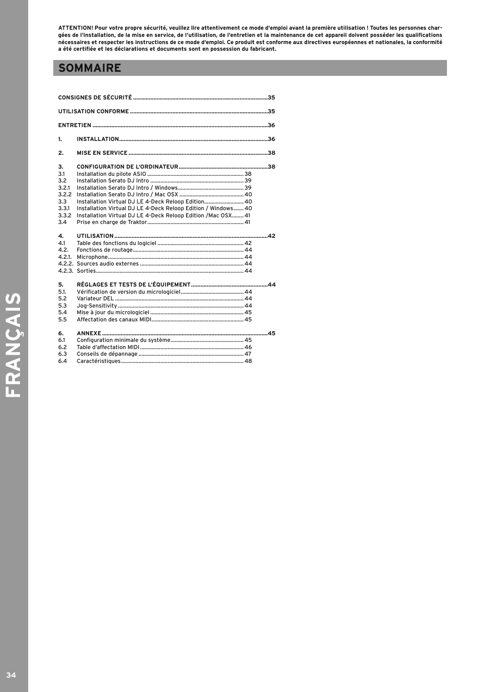 Fr an ç ais, Sommaire | Reloop TERMINAL MIX 4 - Instruction Manual User Manual | Page 34 / 68