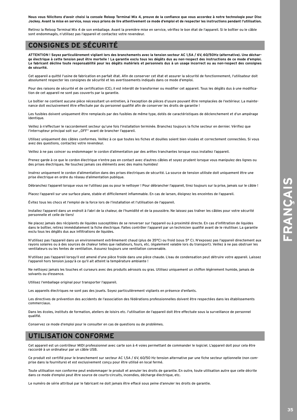 Francais, Utilisation conforme, Consignes de sécurité | Fr an ç ais | Reloop TERMINAL MIX 4 - Instruction Manual User Manual | Page 35 / 68