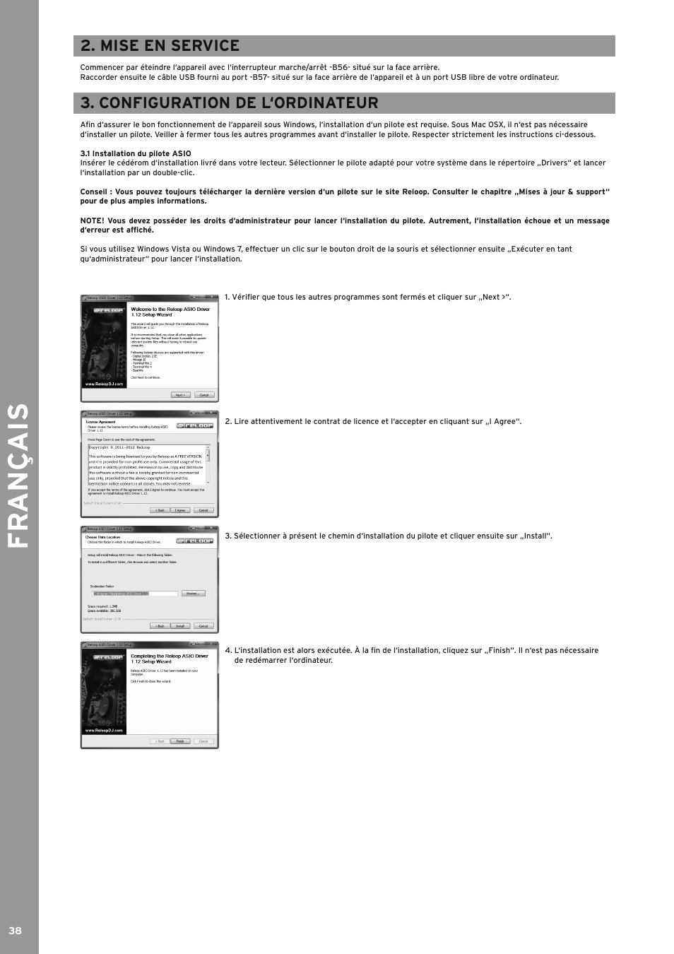 Mise en service, Configuration de l‘ordinateur, 1 installation du pilote asio | Installation du pilote asio, Fr an ç ais | Reloop TERMINAL MIX 4 - Instruction Manual User Manual | Page 38 / 68