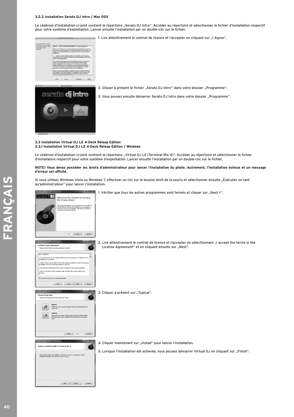 2 installation serato dj intro / mac osx, 3 installation virtual dj le 4-deck reloop edition, 2 installation serato dj intro / mac osx 3.3 | Installation virtual dj le 4-deck reloop edition, Fr an ç ais | Reloop TERMINAL MIX 4 - Instruction Manual User Manual | Page 40 / 68