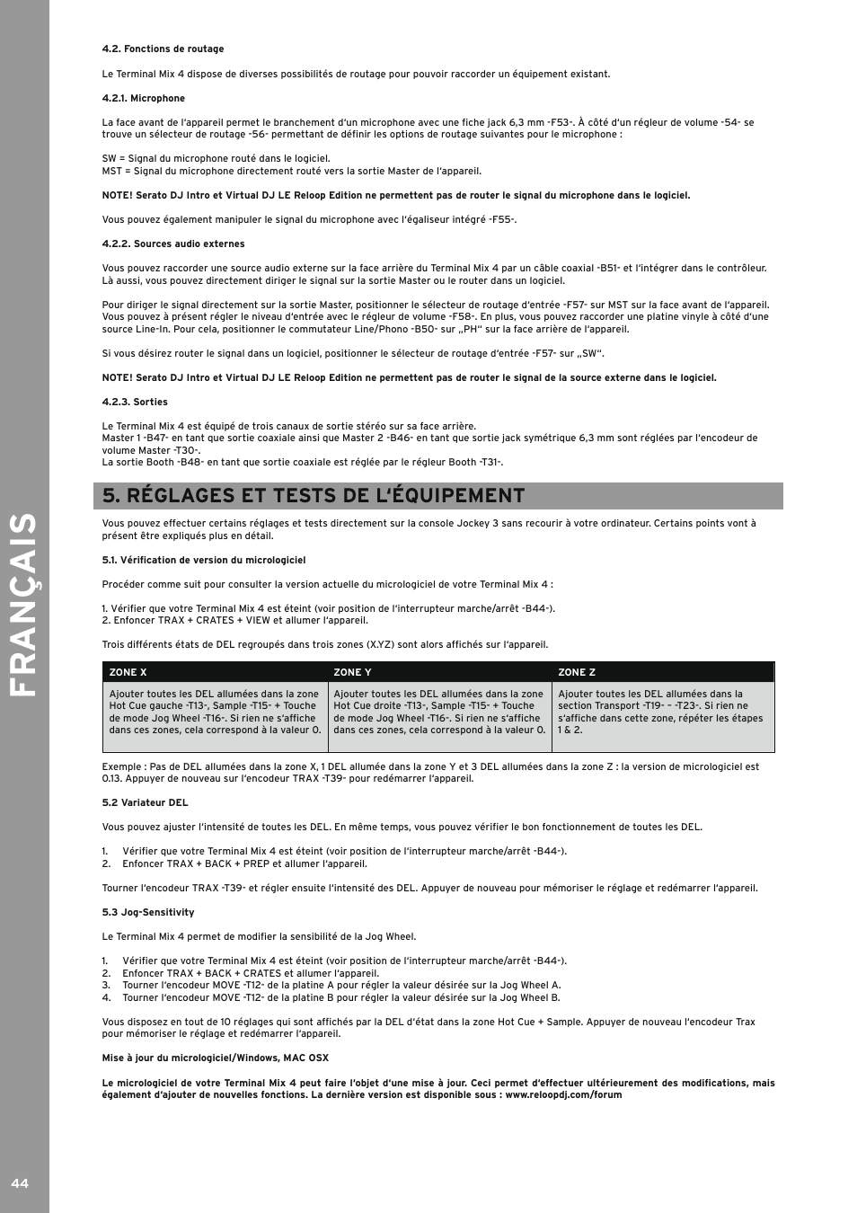 Fonctions de routage, Microphone, Sources audio externes | Sorties, Réglages et tests de l‘équipement, Vérification de version du micrologiciel, 2 variateur del, 3 jog-sensitivity, Variateur del, Jog-sensitivity | Reloop TERMINAL MIX 4 - Instruction Manual User Manual | Page 44 / 68