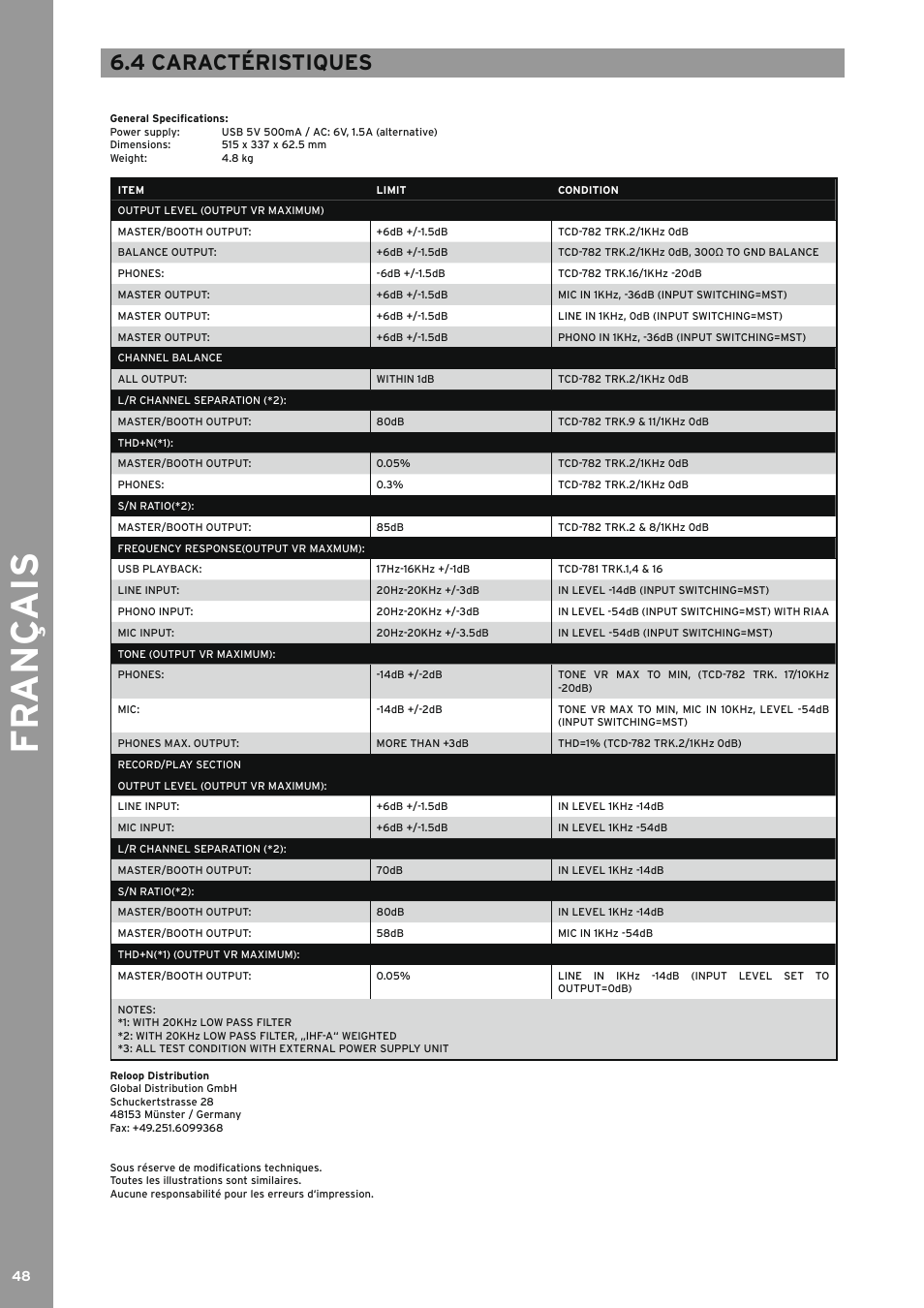 4 caractéristiques, Caractéristiques, Fr an ç ais | Reloop TERMINAL MIX 4 - Instruction Manual User Manual | Page 48 / 68