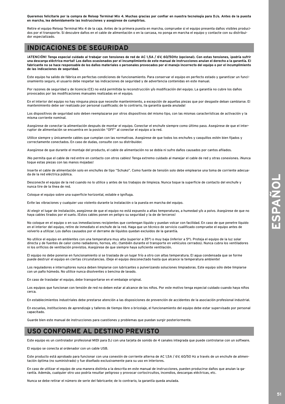 Español, Uso conforme al destino previsto, Indicaciones de seguridad | Esp añol | Reloop TERMINAL MIX 4 - Instruction Manual User Manual | Page 51 / 68