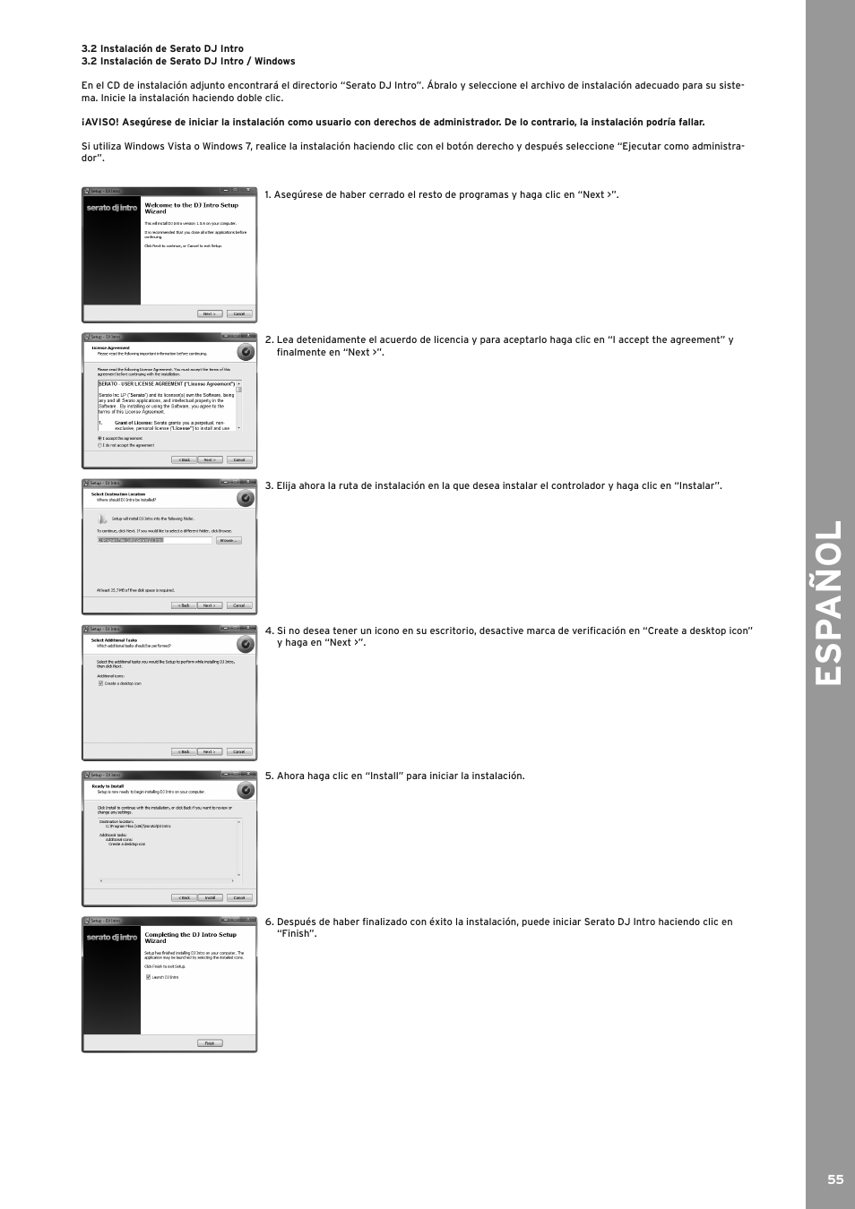2 instalación de serato dj intro, 2 instalación de serato dj intro / windows, Instalación de serato dj intro | Instalación de serato dj intro / windows, Esp añol | Reloop TERMINAL MIX 4 - Instruction Manual User Manual | Page 55 / 68