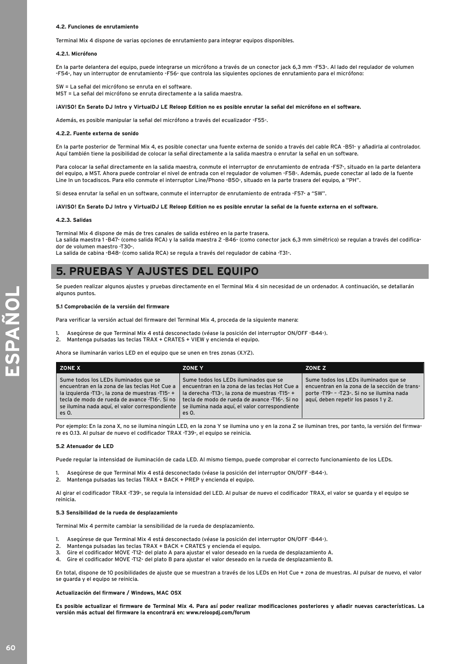 Funciones de enrutamiento, Micrófono, Fuente externa de sonido | Salidas, Pruebas y ajustes del equipo, 1 comprobación de la versión del firmware, 2 atenuador de led, 3 sensibilidad de la rueda de desplazamiento, Comprobación de la versión del firmware, Atenuador de led | Reloop TERMINAL MIX 4 - Instruction Manual User Manual | Page 60 / 68