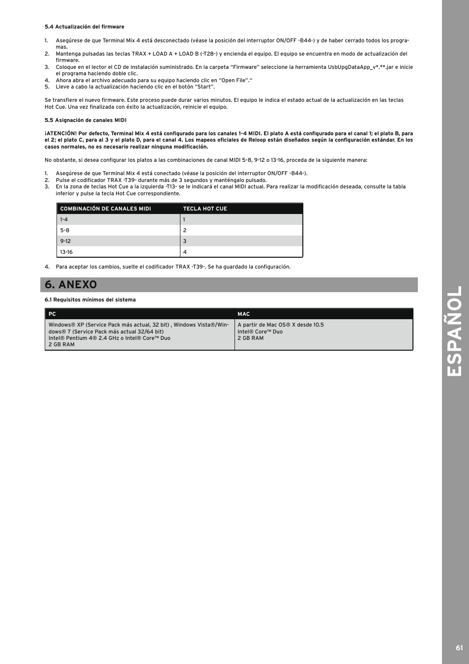 4 actualización del firmware, 5 asignación de canales midi, Anexo | 1 requisitos mínimos del sistema, Actualización del firmware, Asignación de canales midi, Requisitos mínimos del sistema, Esp añol | Reloop TERMINAL MIX 4 - Instruction Manual User Manual | Page 61 / 68