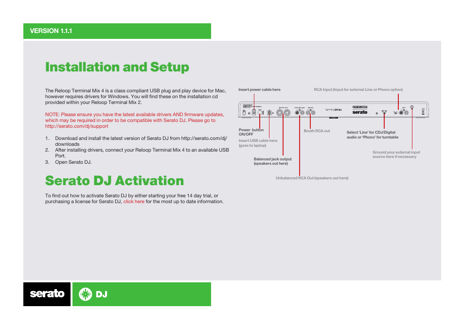 Installation and setup, Serato dj activation | Reloop TERMINAL MIX 4 SERATO DJ BUNDLE - Serato Quick Start Guides User Manual | Page 2 / 9