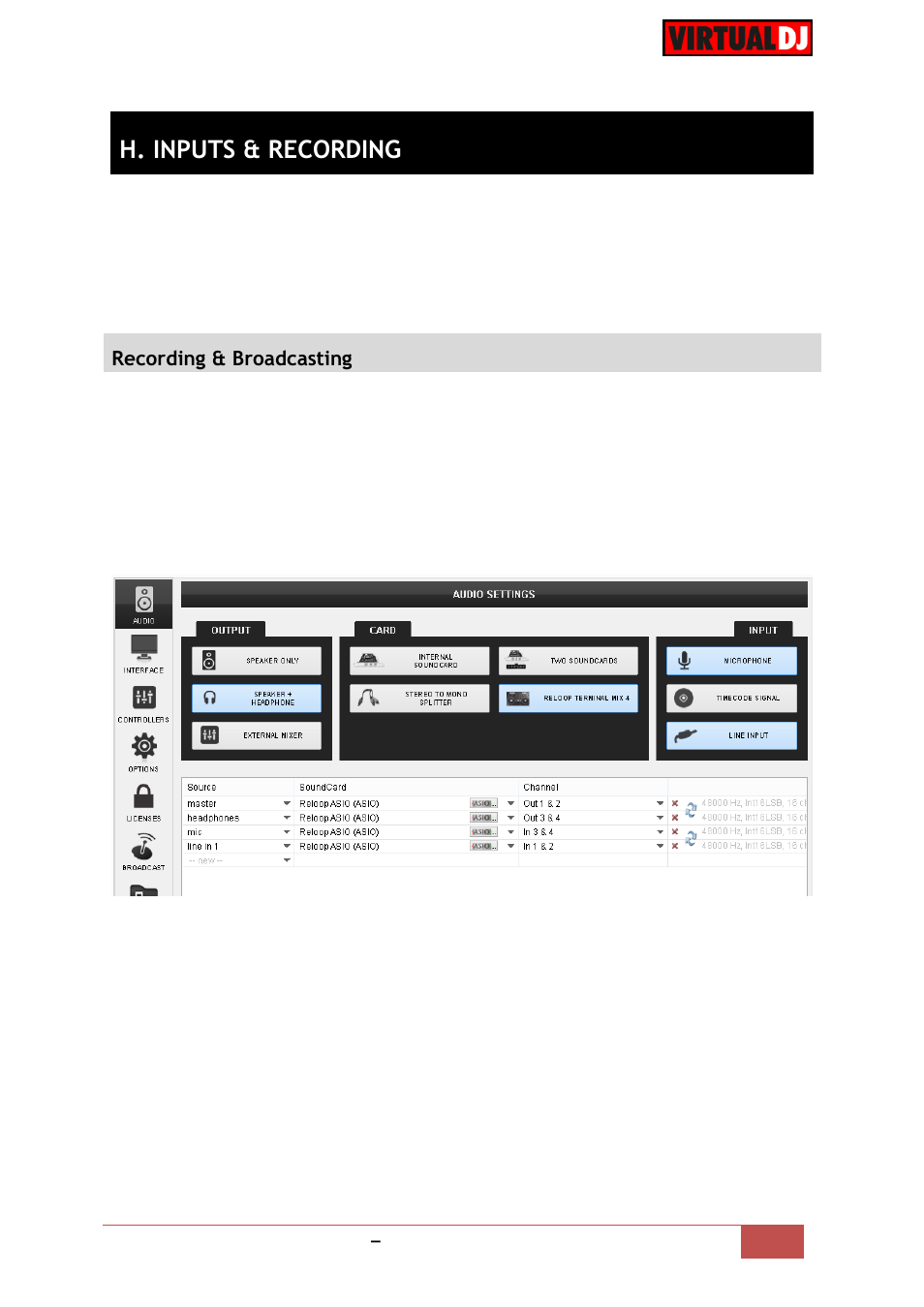 H. inputs & recording, Recording & broadcasting | Reloop TERMINAL MIX 4 - VirtualDJ 8 Operation Guide User Manual | Page 13 / 15
