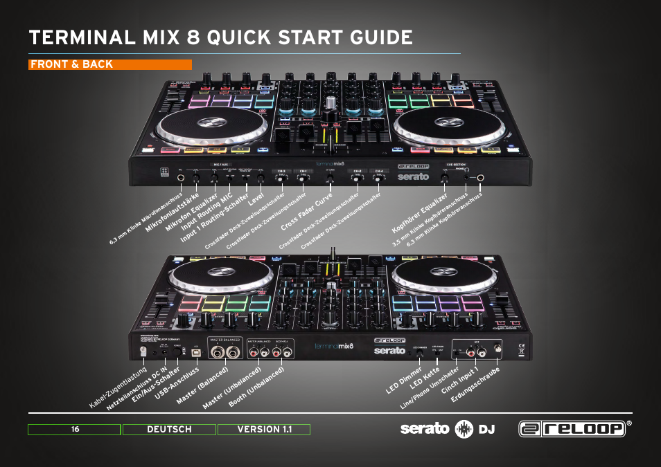 Anschlüsse, Terminal mix 8 quick start guide, Front & back | Deutsch, Version 1.1 | Reloop TERMINAL MIX 8 - Quick Start Guides User Manual | Page 16 / 32