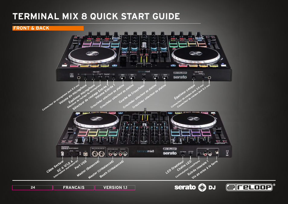 Front & back connection, Terminal mix 8 quick start guide, Front & back | Francais version 1.1 | Reloop TERMINAL MIX 8 - Quick Start Guides User Manual | Page 24 / 32