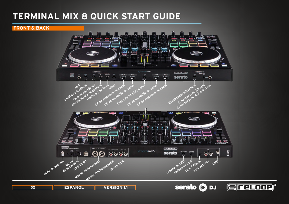 Front & back connections, Terminal mix 8 quick start guide, Front & back | Reloop TERMINAL MIX 8 - Quick Start Guides User Manual | Page 32 / 32