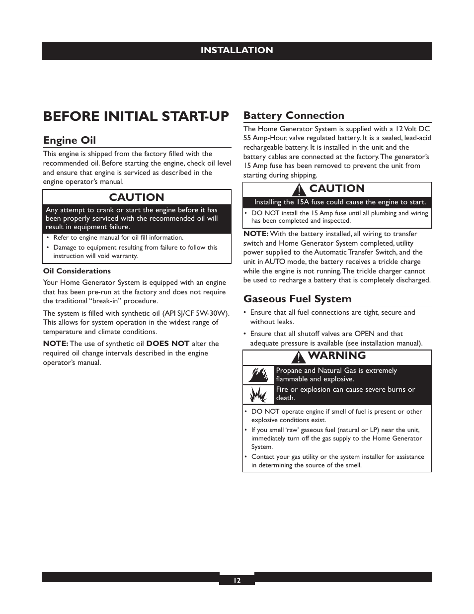 Oil considerations, Battery connection, Gaseous fuel system | Battery connection gaseous fuel system, Before initial start-up, Engine oil, Caution, Warning | Briggs & Stratton 040213 User Manual | Page 12 / 56