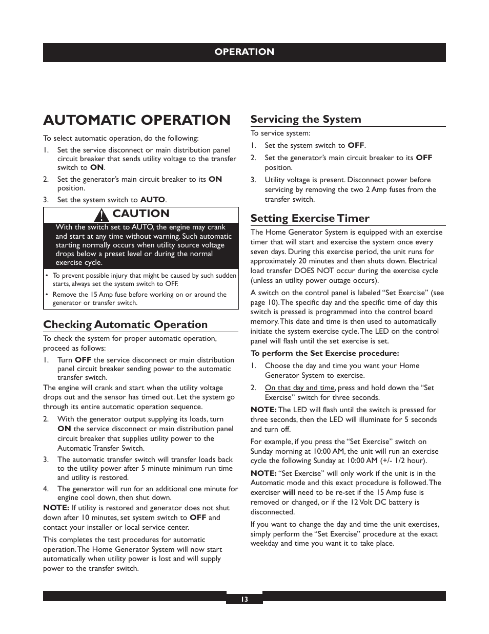 Utomatic operation, Checking automatic operation, The system | Setting exercise timer, Storage, Automatic operation, The system setting exercise timer, Servicing the system, Caution | Briggs & Stratton 040213 User Manual | Page 13 / 56