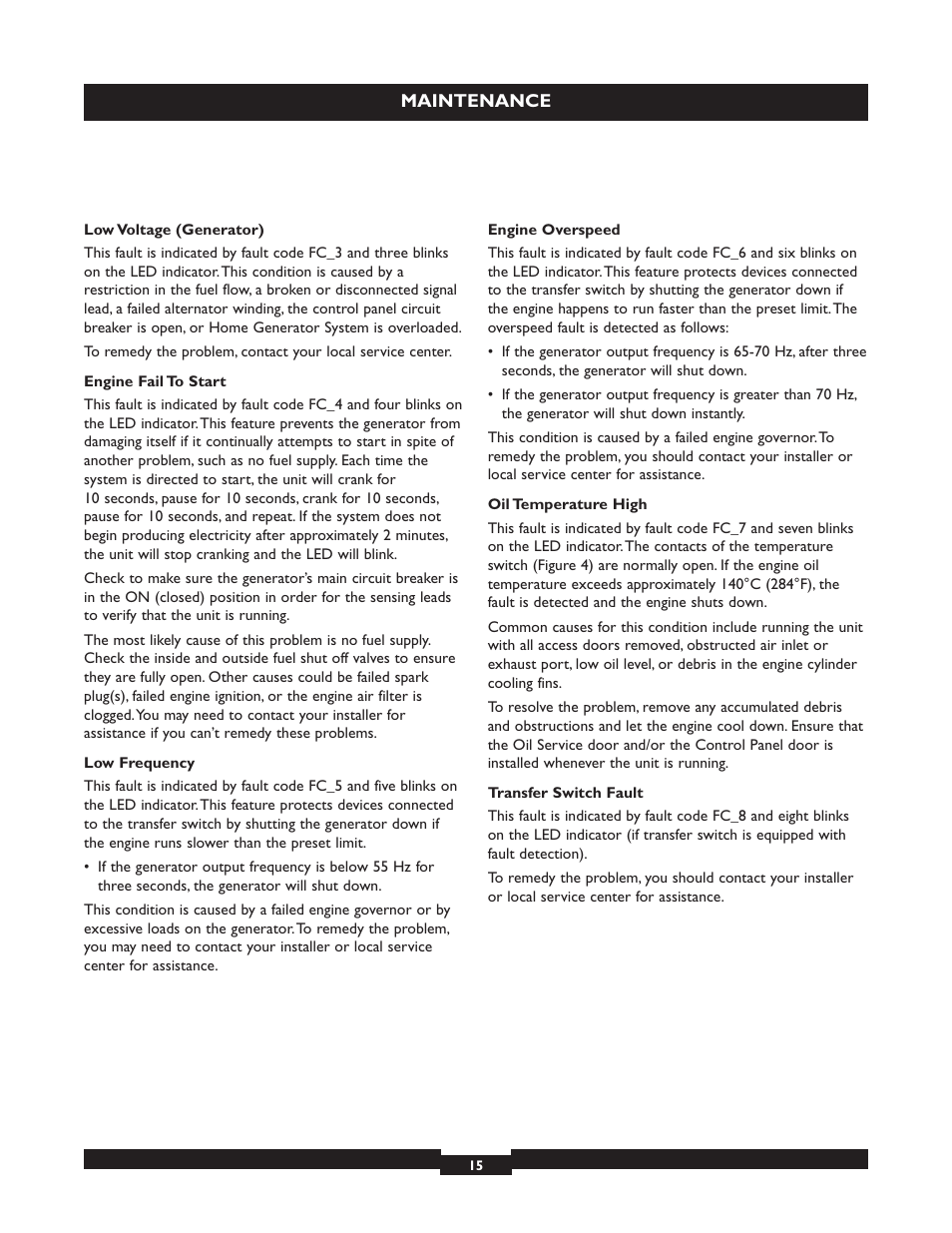 Fault detection syst, Low battery voltage, Low oil pressur | Fault detection system, Low battery voltage low oil pressure | Briggs & Stratton 040213 User Manual | Page 15 / 56