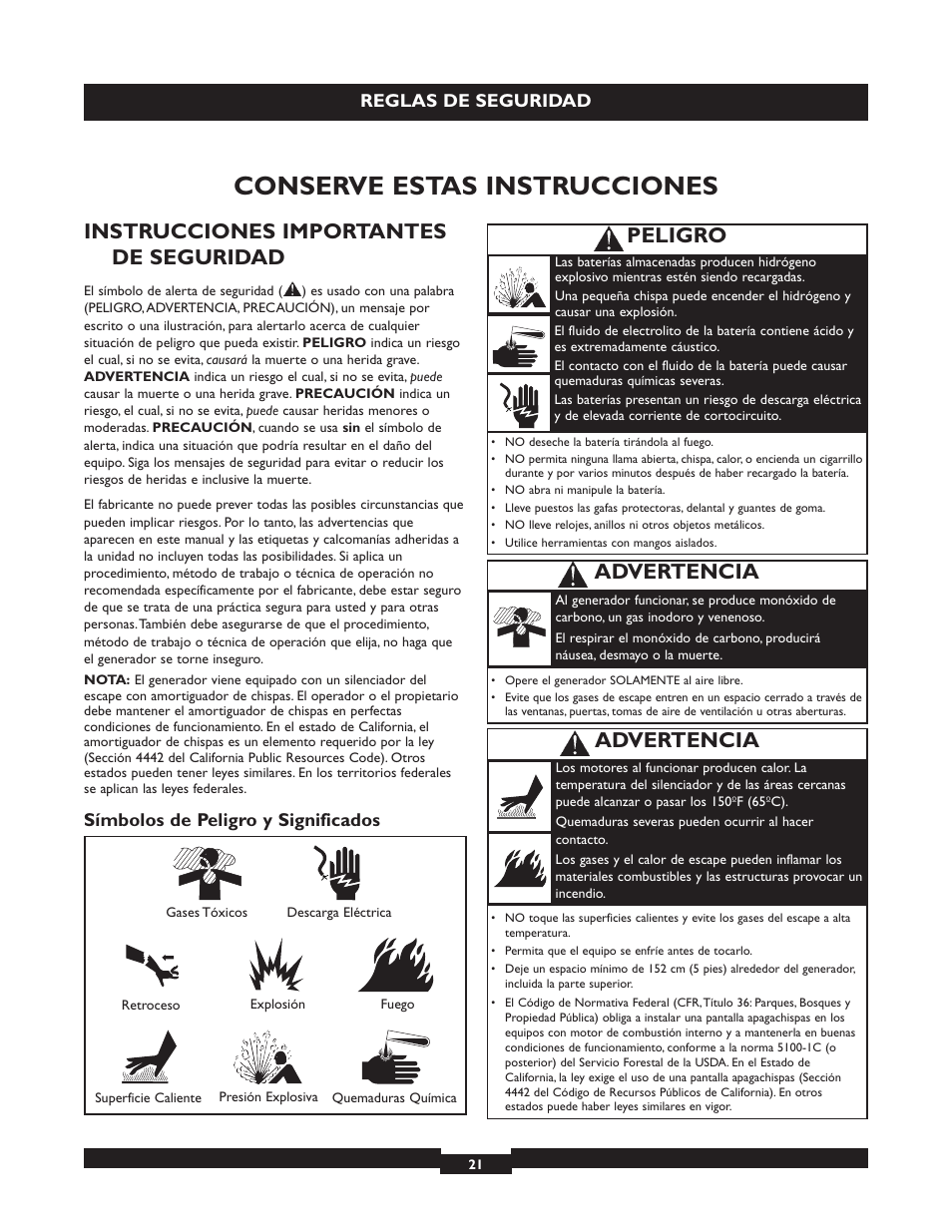 Conserve estas instrucciones, Instrucciones importantes de seguridad, Advertencia | Peligro, Reglas de seguridad, Símbolos de peligro y significados | Briggs & Stratton 040213 User Manual | Page 21 / 56