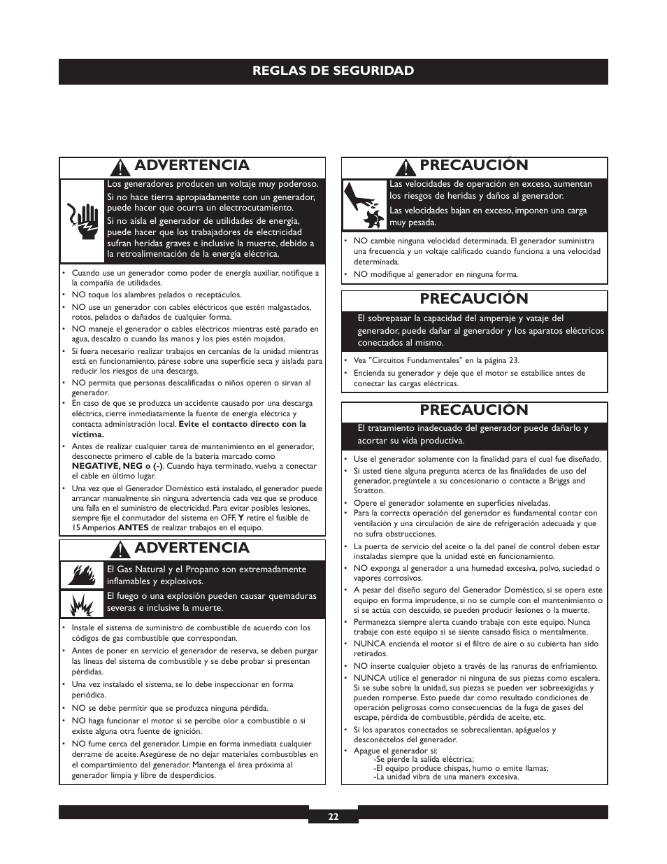 Precaución, Advertencia, Reglas de seguridad | Briggs & Stratton 040213 User Manual | Page 22 / 56