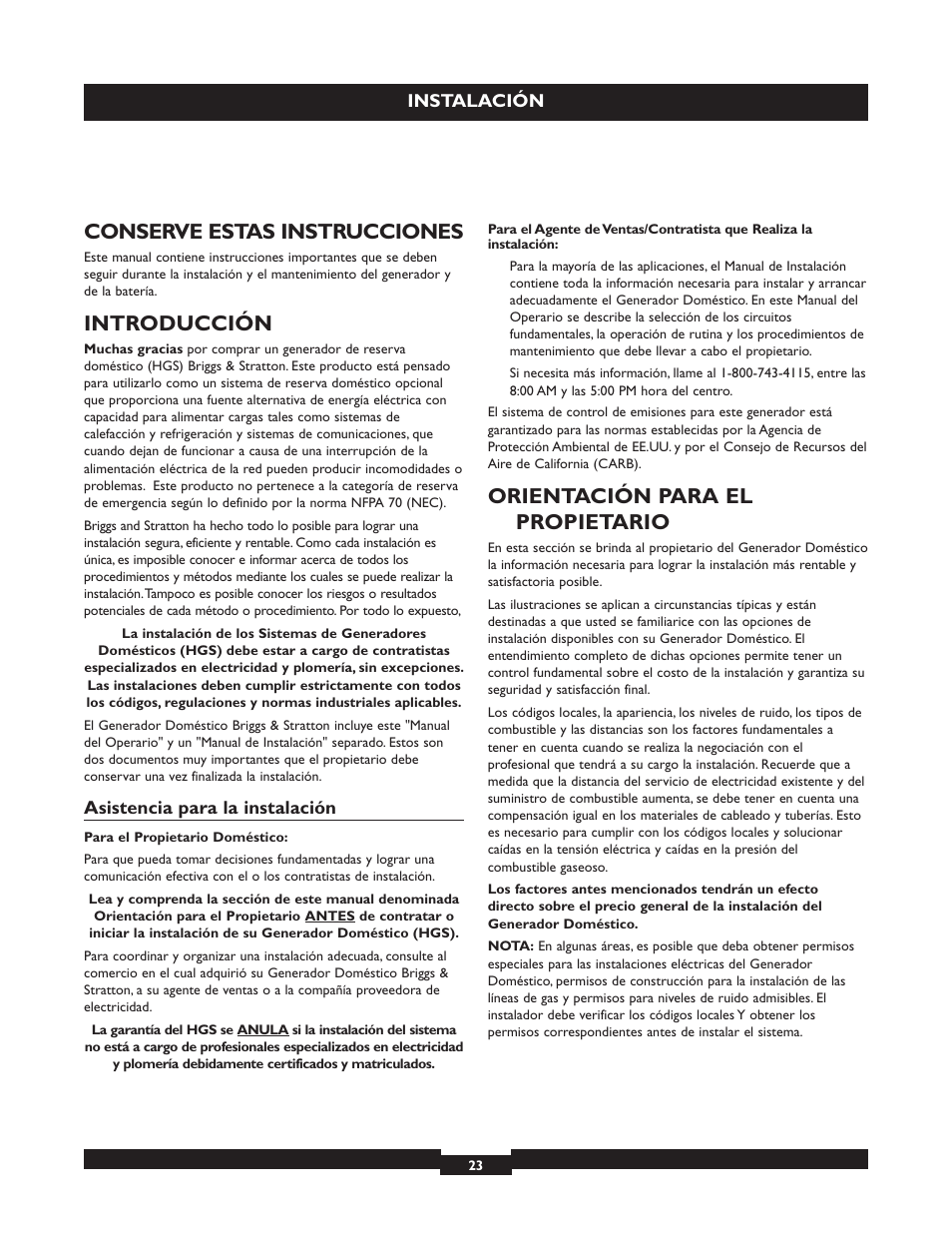 Conserve estas instrucciones, Introducción, Orientación para el propietario | Briggs & Stratton 040213 User Manual | Page 23 / 56