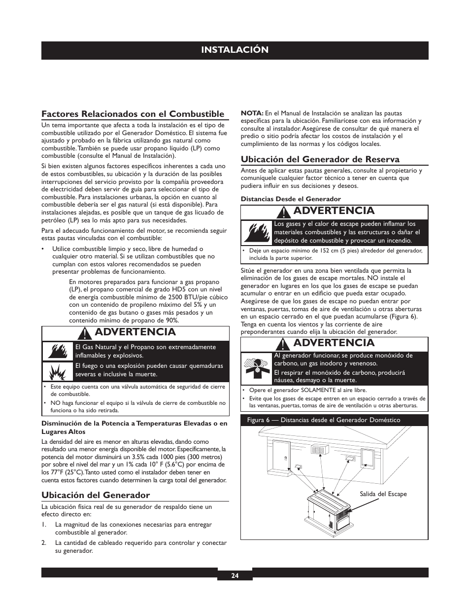 Advertencia, Instalación, Factores relacionados con el combustible | Ubicación del generador, Ubicación del generador de reserva | Briggs & Stratton 040213 User Manual | Page 24 / 56