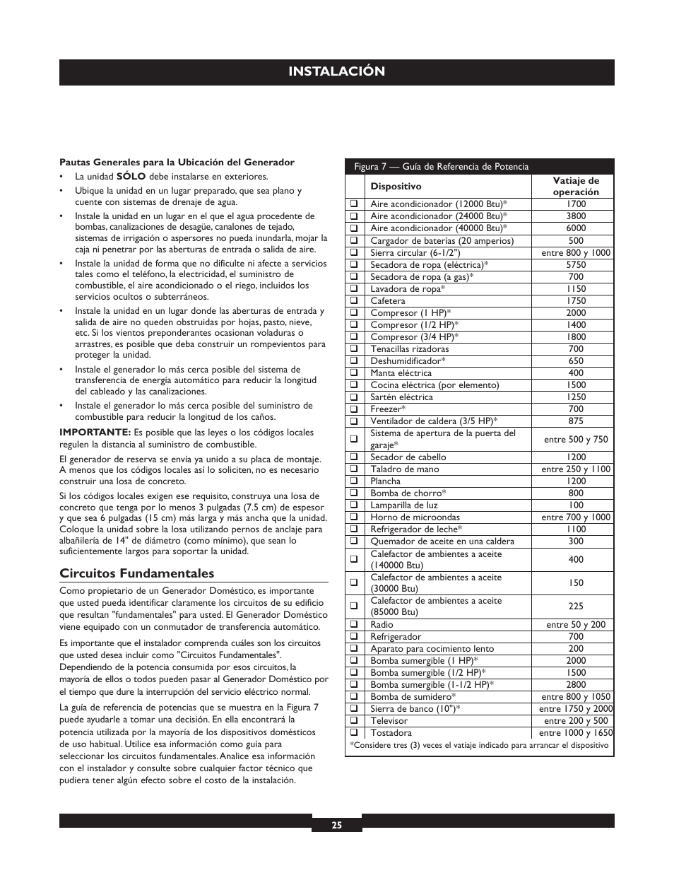 Instalación, Circuitos fundamentales | Briggs & Stratton 040213 User Manual | Page 25 / 56