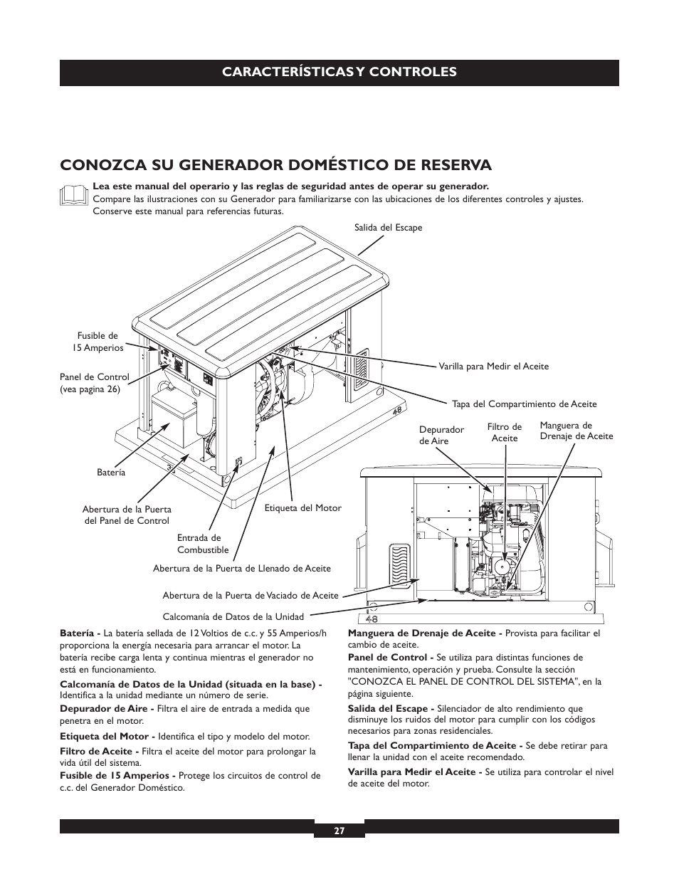 Conozca su generador doméstico de reserva, Características y controles | Briggs & Stratton 040213 User Manual | Page 27 / 56
