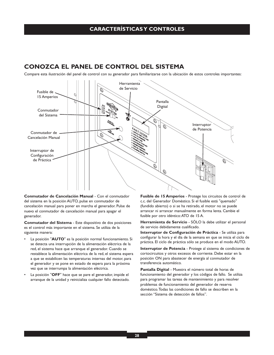 Conozca el panel de control del sistema, Características y controles | Briggs & Stratton 040213 User Manual | Page 28 / 56