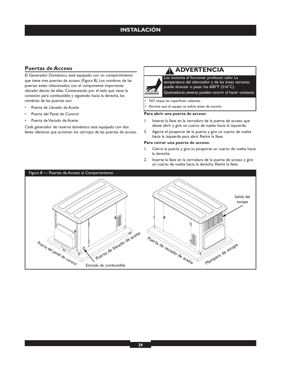 Advertencia, Instalación, Puertas de acceso | Briggs & Stratton 040213 User Manual | Page 29 / 56