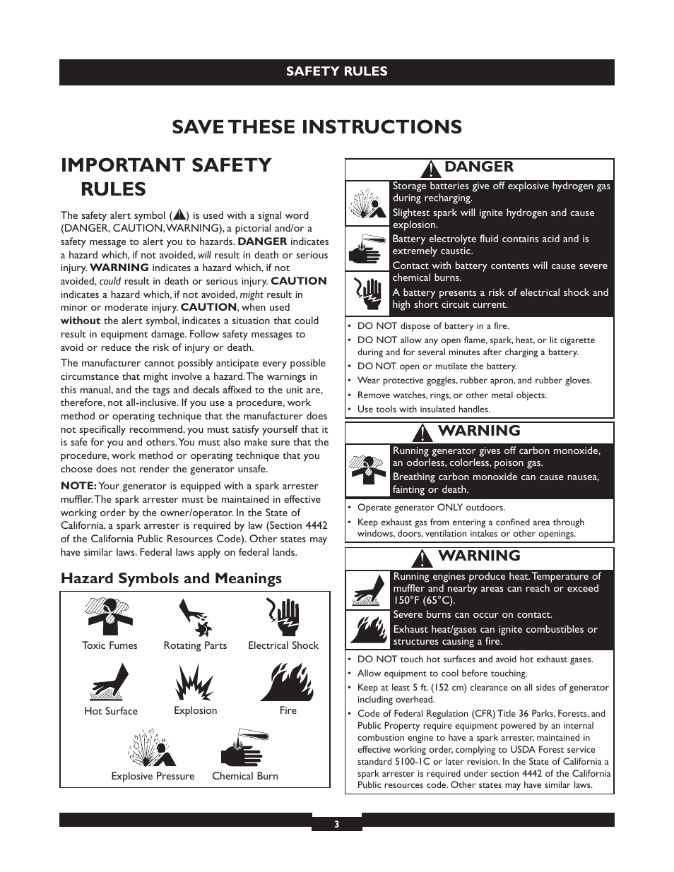 Safety rules, Safety rules -4, Important safety rules | Save these instructions, Hazard symbols and meanings, Warning, Danger | Briggs & Stratton 040213 User Manual | Page 3 / 56