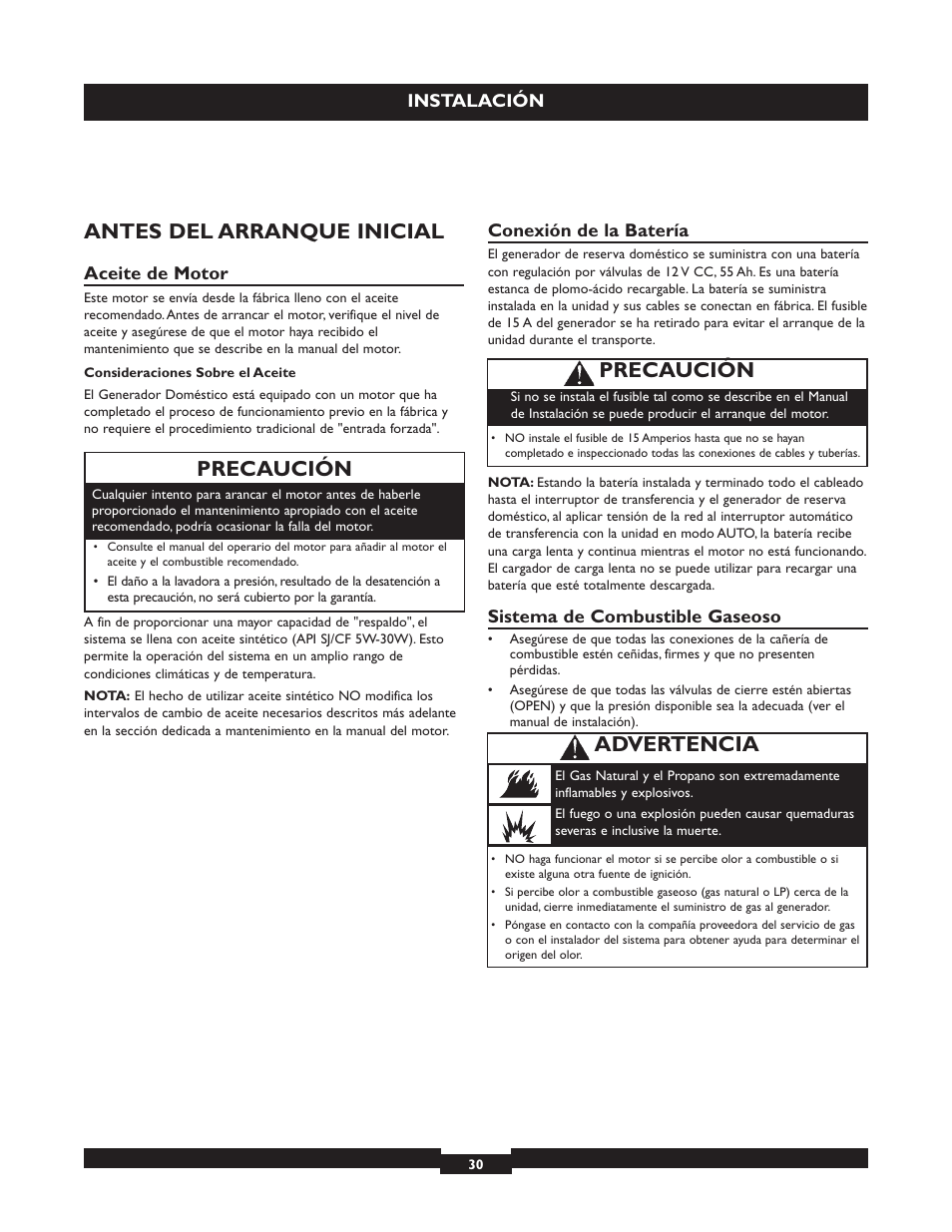 Antes del arranque inicial, Precaución, Advertencia | Briggs & Stratton 040213 User Manual | Page 30 / 56