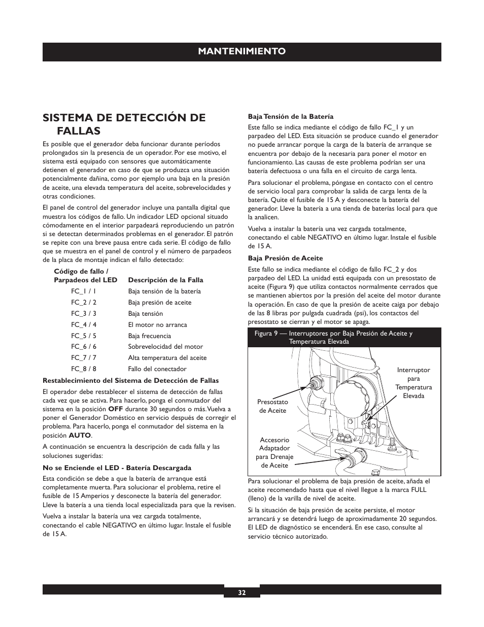 Sistema de detección de fallas, Mantenimiento | Briggs & Stratton 040213 User Manual | Page 32 / 56