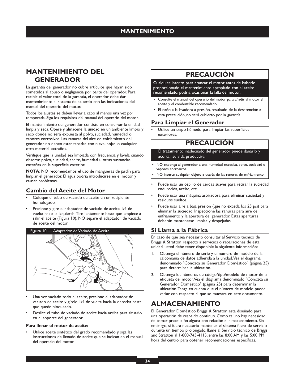 Mantenimiento del generador, Almacenamiento, Precaución | Briggs & Stratton 040213 User Manual | Page 34 / 56