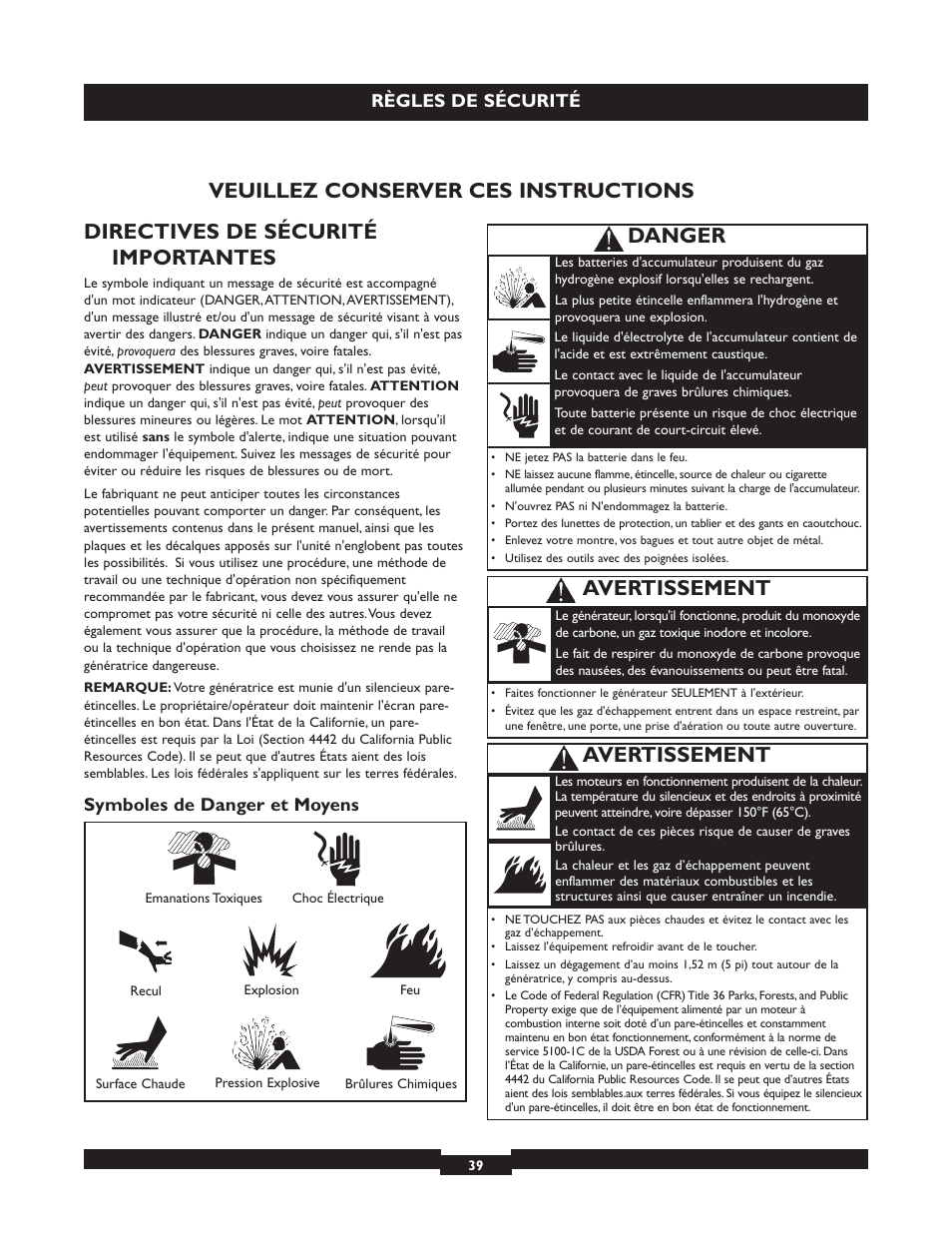 Directives de sécurité importantes, Veuillez conserver ces instructions, Avertissement | Danger, Règles de sécurité, Symboles de danger et moyens | Briggs & Stratton 040213 User Manual | Page 39 / 56