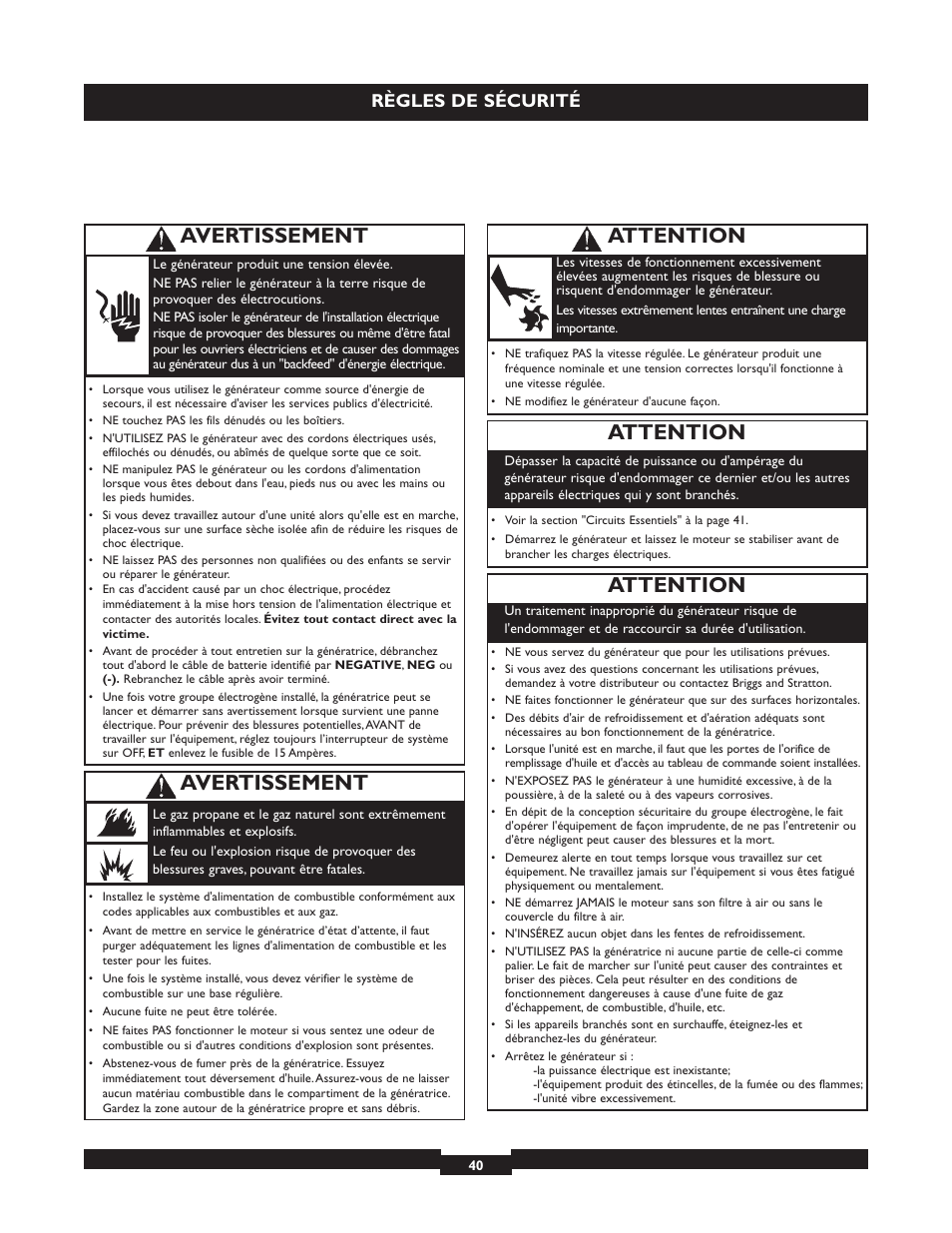 Attention, Avertissement, Règles de sécurité | Briggs & Stratton 040213 User Manual | Page 40 / 56